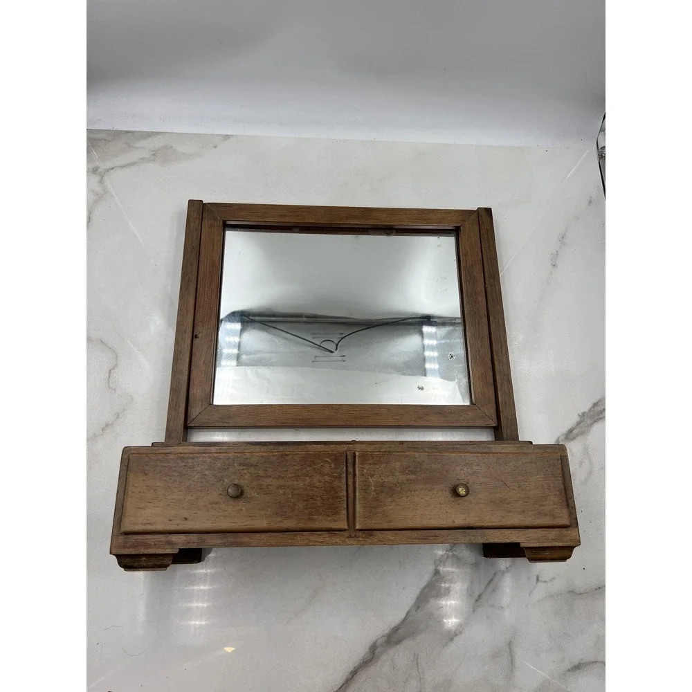 Vintage Wooden Vanity Mirror Box 2 Drawer Dresser Top Swivel Shaving Makeup 18